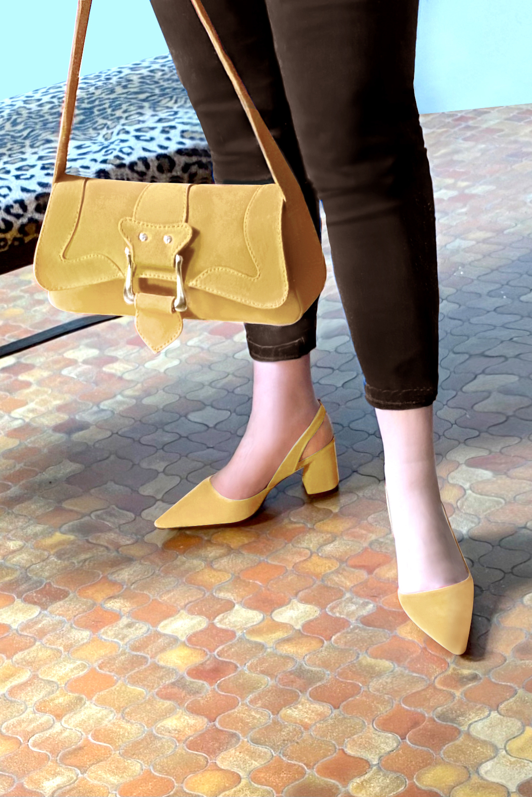 Mustard yellow women's slingback shoes. Pointed toe. Medium flare heels. Top view - Florence KOOIJMAN
